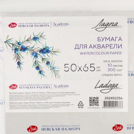 Бумага д/акварели 500х650мм 300г/м2 100% хлопок среднее зерно Ладога 252452356 от магазина "Карандаш"