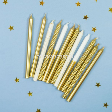 Свечи д/торта 12шт. 12см с подсвечниками Gold&White 6077716 от магазина "Карандаш"