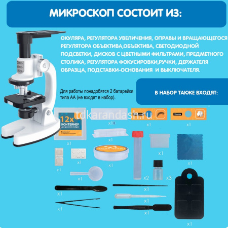 Микроскоп 42x10x28см пластик, с инструментами и подсветкой ВВ5656 от магазина "Карандаш"