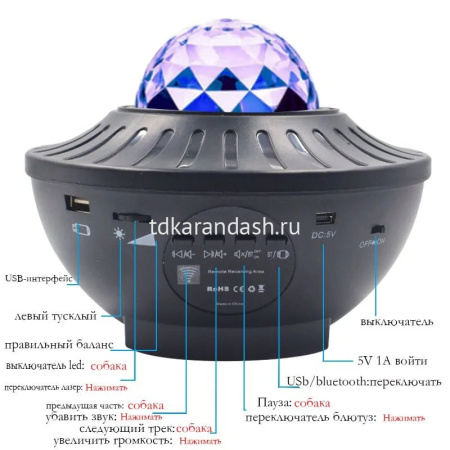 Проектор "Звездное небо" 17х13,5см музыкальный, 10 режимов (USB, Bluetooth) 210413-163 от магазина "Карандаш"