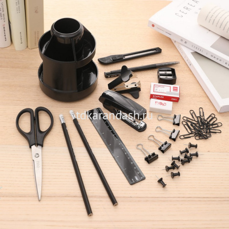 Набор настольный 11х11х17см 15 предметов, вращающийся, пластик, черный E38250A от магазина "Карандаш"