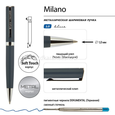 Ручка шариковая "Milano" 1мм синяя, автомат, синий металлический корпус 20-0226 от магазина "Карандаш"