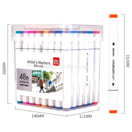Набор маркеров двусторонних 48 цв, толщина линии 1-7мм в пластиковом пенале 70801-48