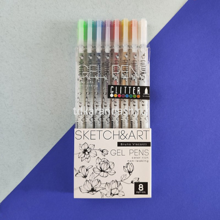 Набор гелевых ручек 8цв 1мм "Sketch&Art. Uni Write. Glitter" чернила с блестками, корпус Soft Touch от магазина "Карандаш"