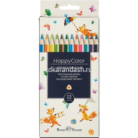 Карандаши 12 цветов "HappyColor" трехгранные дерево, картон 30-0046 от магазина "Карандаш"