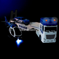 Трейлер "Автовоз. Полиция" инерционный, пластик 14x58x23см + вертолёт и машина (свет, звук) ВВ6154 от магазина "Карандаш"