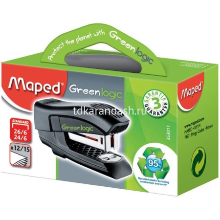 Степлер №24/6,26/6 15л "Greenlogic Half Strip" глубина 28мм, со встроенным антистеплером, черный от магазина "Карандаш"