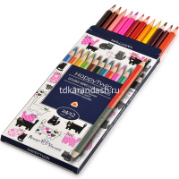 Карандаши 24 цвета "Twincolor happy" 12шт. двусторонние трехгранные дерево, картон, 4 вида 30-0080 от магазина "Карандаш"