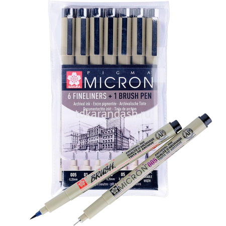 Набор капиллярных ручек 7шт "Pigma Micron" (0,2мм,0,25мм,0,3мм,0,35мм,0,45мм,0,5мм)+Brush