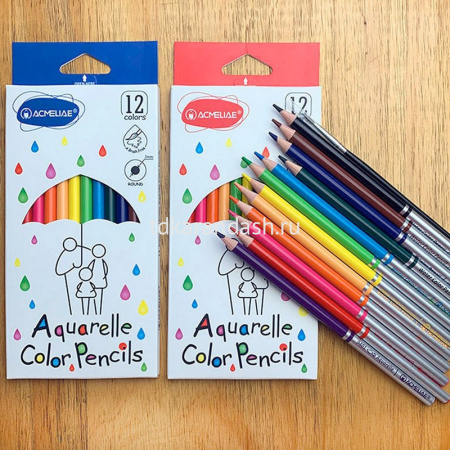 Карандаши акварельные 12 цветов "Acmeliae" с кисточкой круглые дерево, картон 9401-12 от магазина "Карандаш"