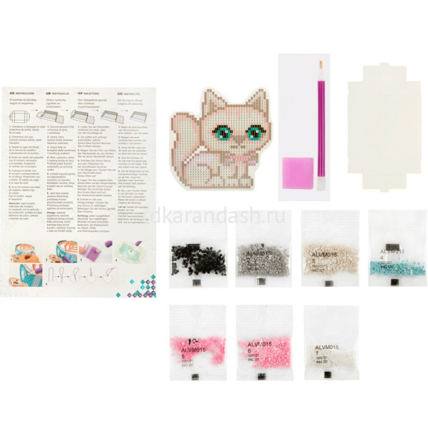 Набор мозаики "Магнит. Котенок с бантом" 9,5х9см (основа, стилус, воск.подушка, стразы, лоток) от магазина "Карандаш"