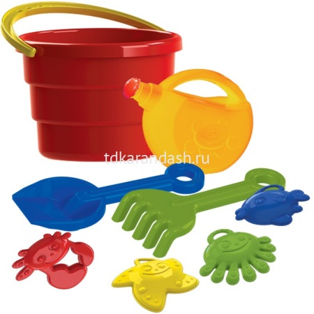 Набор д/песка "Пляж" (ведро, лейка, 4 формочки, лопатка, грабли) 70062 от магазина "Карандаш"