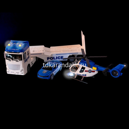 Трейлер "Автовоз. Полиция" инерционный, пластик 14x58x23см + вертолёт и машина (свет, звук) ВВ6154 от магазина "Карандаш"