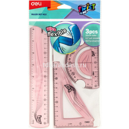 Набор 3 предмета гибкий (линейка 20см, транспортир 10см, угольник 13,5см) пластик 3 цвета EH22 от магазина "Карандаш"