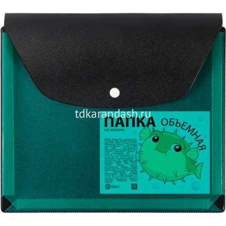 Папка-конверт на кнопке А5 пвх, с расширением 2,5см, черная/зеленая 2915/107/139