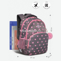 Рюкзак 27х40х20см, 812гр, 2 отделения, 3 кармана, с брелком, серый/розовый RG-360-5/2 от магазина "Карандаш"