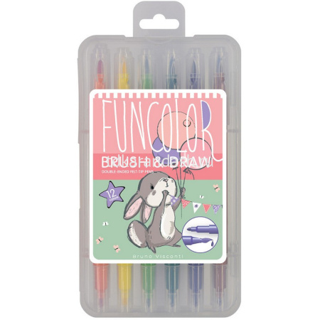 Фломастеры 12 цветов "FunColor Jumbo" двусторонние (кисть, пулевидный), в пластиковом пенале, 2 вида от магазина "Карандаш"