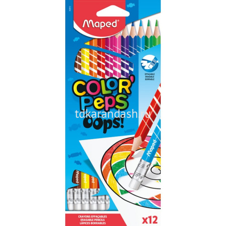 Карандаши 12 цветов "Color'Peps Oops" трехгранные с ластиком пластиковые артон 832812