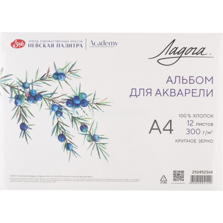 Альбом д/акварели А4 12л 300г/м2 100% хлопок крупное зерно, склейка 252452368