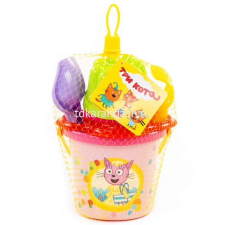 Набор д/песка №1 "Три кота" (ведро малое, ситечко-цветок, совок №2, грабельки №2, 2 формочки) 62314 от магазина "Карандаш"