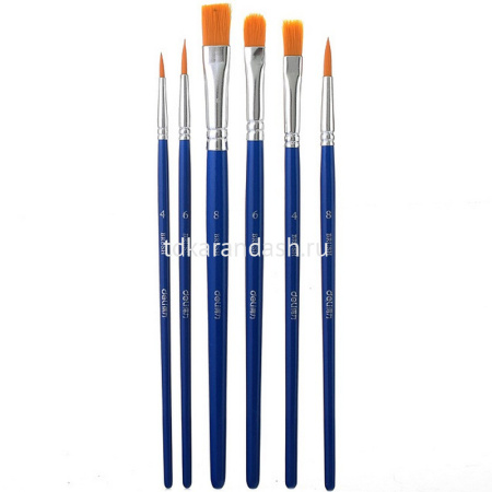 Набор кистей нейлон 6шт. (плоская № 4,6,8, круглая № 4,6,8) 73885 от магазина "Карандаш"