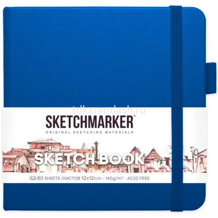 Скетчбук 20х20см 80л 140г/м2 "Sketchmarker" на резинке, твердая обложка, королевский синий