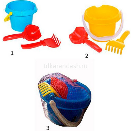 Набор д/песка "Малыш" (ведро малое, совок 16см, грабли 15см) 14х14х16см в сетке У534 от магазина "Карандаш"