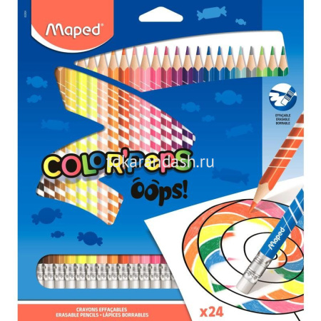 Карандаши 24 цвета "Color'Peps Oops" трехгранные пластиковые, с ластиком, картон 832824