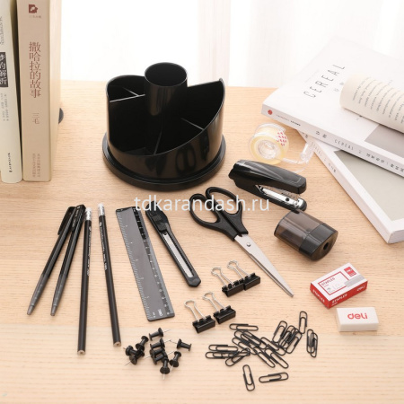 Набор настольный 15,3х15,3х14,5см 16 предметов, вращающийся, пластик, черный E38251A от магазина "Карандаш"