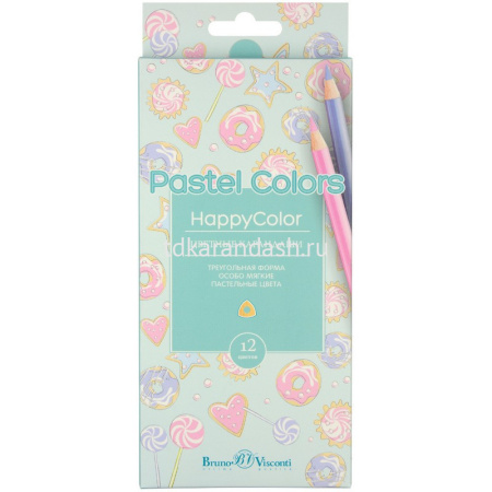 Карандаши 12 цветов "HappyColor" пастельные, трехгранные дерево, картон, 4 вида 30-0093 от магазина "Карандаш"