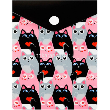 Папка-конверт на кнопке "Котики" 158х114мм вертикальный, полипропилен 0,18мм 69029