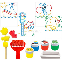 Краски пальчиковые 4 цвета 40мл (160мл) с аксессуарами (роллер, спонжики, лоток, раскраски) "Кроха" от магазина "Карандаш"